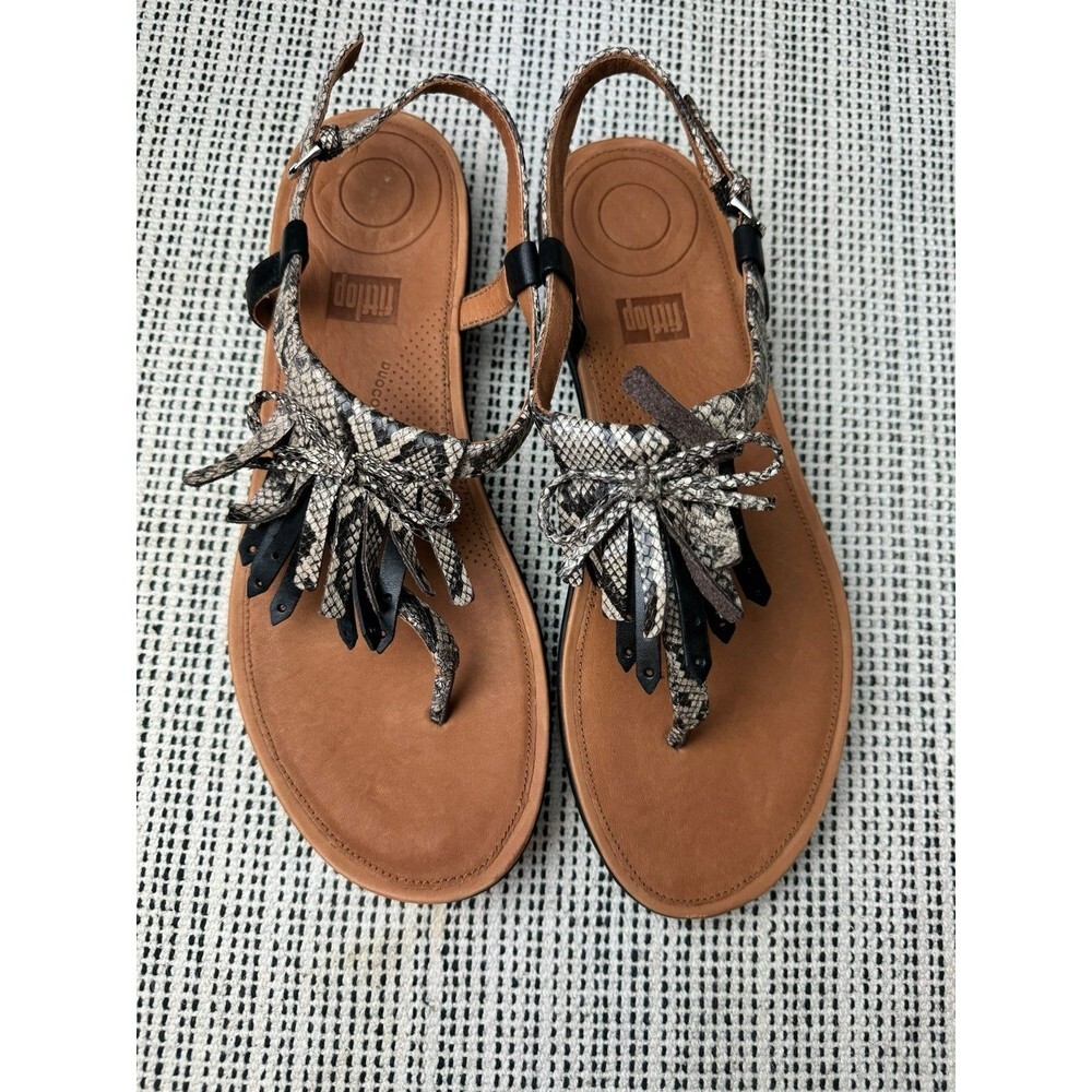 Fitflop Womens 9 Tia Fringe Thong Sandals Snakeskin Taupe Shoes - Picture 2 of 7